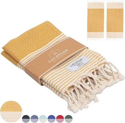 Boho Striped Turkish Hand Towels Set of 2 | 100% Cotton, 16 x 40 Inches | Decorative Bathroom Hair Face Gym Yoga Dishcloth Tea Kitchen Light Weight Quick Dry Farmhouse Towel (Mustard)