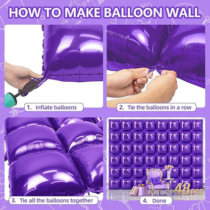 NISOCY 48PCS Purple Square Foil Balloons Wall Backdrop Double Sided Purple Balloons Tunnel Arch Kit for Baby Shower Birthday Wedding Party Decoration