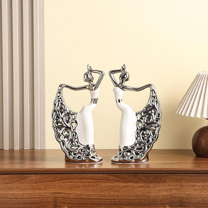 2 Pcs Ceramic Statues Home Decor, Dancer Women Sculpture Figurine, Modern Aesthetic Abstract Art Decorative Accent for Living Room Bedroom Bookshelf Dining Table Centerpiece Office (White and Silver)