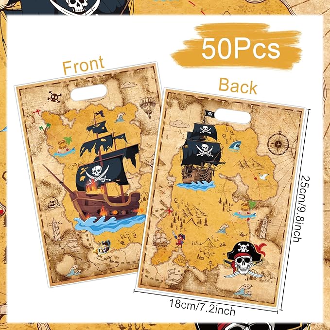 Falueqg Pirate Party Favor Bags - 50 Pcs Pirate Goodie Candy Gift Bags Treasure Map Themed Party Supplies for Nautical Themed Birthday Decor