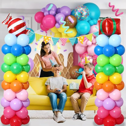 Rainbow Candy land Balloon Column Stand Kit Set of 2, 7 Feet Height Balloon Towers Set of 2 with Candy Gift Box Foil Balloons for Sweet Baby Shower Christmas Candyland Party Decorations