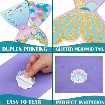 Hotop 24 Sets Mermaid Birthday Invitations with Envelopes and Mermaid Stickers Glitter Mermaid Invitations for Kids Birthday Party Baby Shower Mermaid Themed Party Supplies Pool Party
