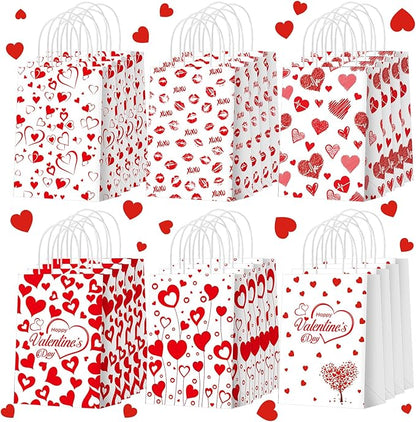 Glenmal 24 Pcs Valentines Bags Bulk with Handles 8.3 x 5.9 x 3.1 Inch Red Heart Love Gift Treat Goodie Candy Paper Bags for Classroom Valentine's Day Gift Wrapping Anniversary Dating Wedding