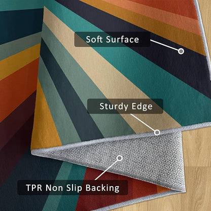 Retro Sunburst Rugs 4x6, 70s Colorful Abstract Washable 4 x 6 Area Rug for Living Room, Bedroom, Low Pile Non Slip Stain Resistant Carpet, Retro 70s Home Decor Accessories & M875