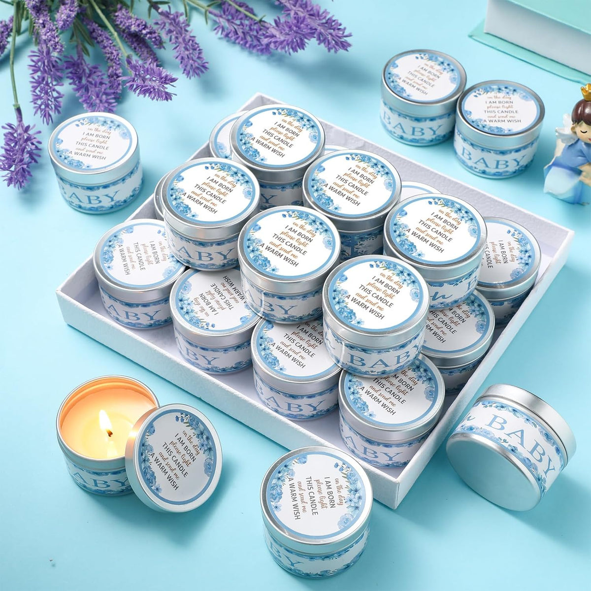 MTLEE 24 Pcs Flowers Baby Shower Party Favors Candles Lavender Scented Baby Shower Favors for Guests Rustic Tealights Candles Gender Reveal Return Gifts Girl Boy(1.2 Oz, Blue)