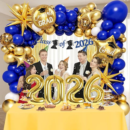 Blue and Gold Graduation Decorations 2026 with Fringe Curtain Banner Metallic Gold Confetti Royal Blue White Balloons for Graduation Decorations 2026