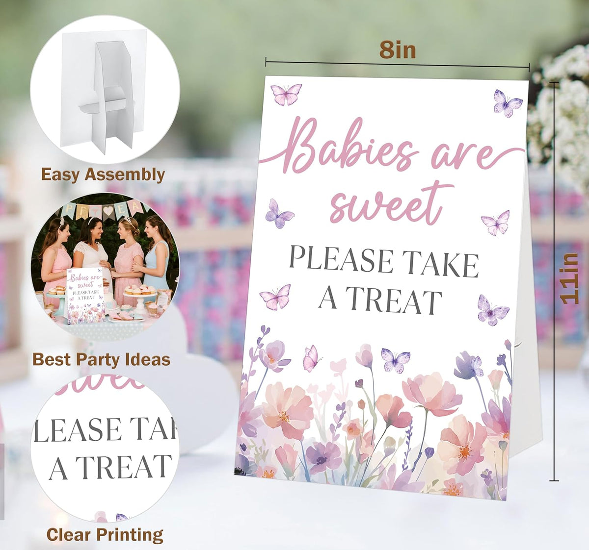 Butterfly Baby Shower Tabletop Sign, Babies Are Sweet Please Take a Treat, Include One 8×11 Sign with holder, Purple Butterfly Gender Reveal Party Decoration Supplies - FL29