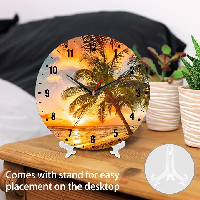 SPUNKER Wall Clocks,Palm Trees Sunset 10 Inch Wall Clock,Sea Beach Small Battery Operated Wall Clocks Decorative for Kitchen/Living Room/Bedroom/Bathroom/Dining Room