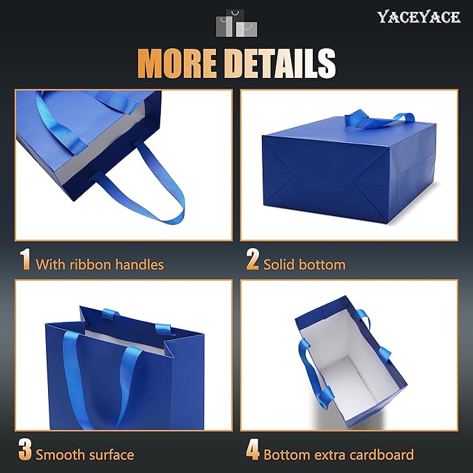 Blue Medium Gift Bags, 20Pcs 8x4.25x10.5 Inch, Wedding, Birthday, Party, Blue Paper Gift Wrap Bags with Ribbon Handles