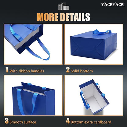 Blue Medium Gift Bags, 20Pcs 8x4.25x10.5 Inch, Wedding, Birthday, Party, Blue Paper Gift Wrap Bags with Ribbon Handles