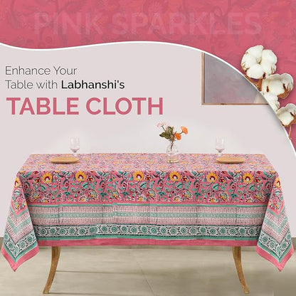 Labhanshi Indian Hand Block Print Table Cloth|French Floral 10 Seater 72x135 Inches Rectangle Cotton Table Cover|Spring Easter Patio Dining Tablecloth|Garden Tea Party Table Decor|Pink Sparkles