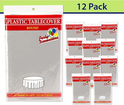 Silver Disposable Plastic Tablecloth for Round Tables (12 Pack) 84 inches Table Cloths for Parties, Events & Weddings, Indoors & Outdoors, Plastic Table Cover