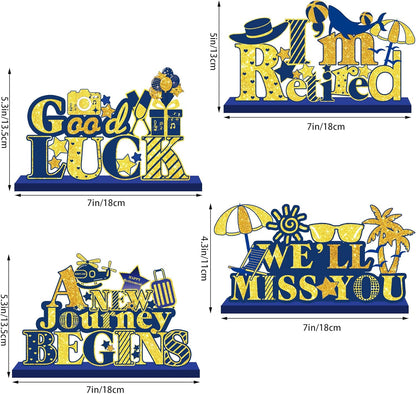 4Pcs Retirement Party Decorations Wooden Table Sign, Blue Gold Retirement Wooden Table Centerpieces Party Supplies, Retired Theme Farewell Sign, Retirements Gift We'll Miss You Decor (blue)