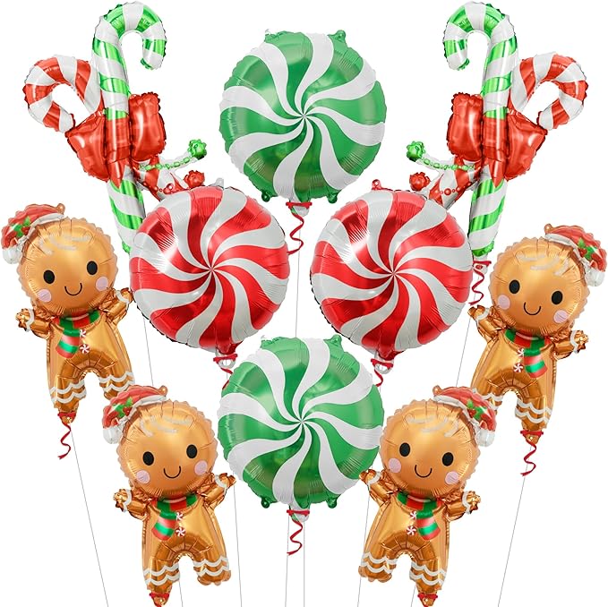 KatchOn, Shiny Candy Cane with Gingerbread Foil Balloons - 10 Pcs, 24 Inch | Christmas Balloons Decorations for Gingerbread Christmas Decorations Indoor | Candy Cane Balloon | Birthday Party Supplies