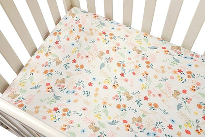 Onacosht Pack n Play Fitted Sheets for Baby Girl 2 Pack Set Soft Jersey Knit Sheets for Mini Crib Mattress and Playard Mattress, Rabbit Floral and Owl Printing