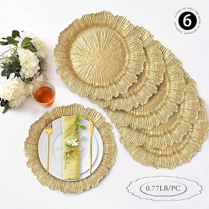 MAONAME Round 13" Gold Charger Plates, Set of 6, Reef Plate Chargers for Dinner Plates, Plastic Table Chargers for Wedding, Thanksgiving, Christmas