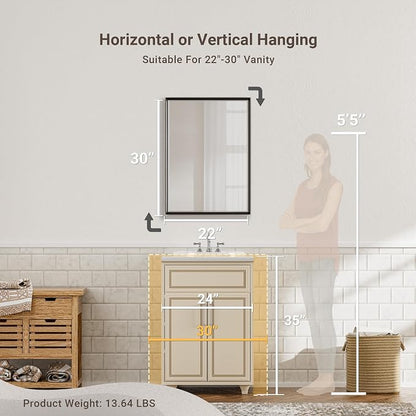 Black Framed Mirror for Bathroom, 22x30 Inch Black Rectangle Beveled Bathroom Vanity Mirror, Anti-Rust Matte Black Metal Frame Mirror for Wall, Vertical/Horizontal Wall-Mounted Mirrors