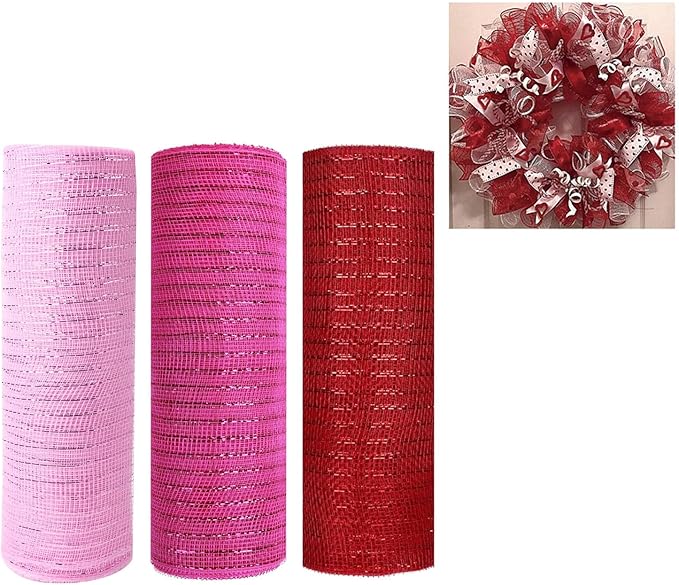 3 Rolls Pink Red Deco Mesh Ribbon for Wreath Making Supplies, 10 Inch x 30FT Metallic Foil Burlap Deco Mesh Fabric for Valentines Day Christmas New Year Wedding Wreath Swags and Decorating
