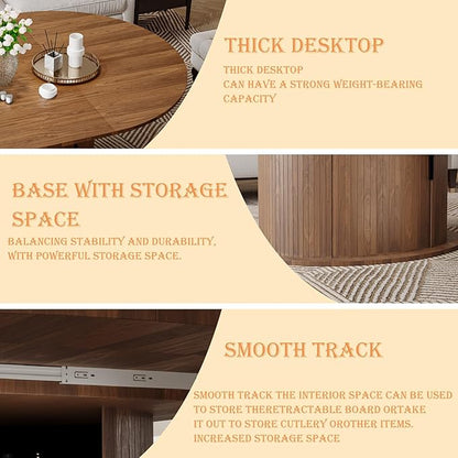 Extendable Round Dining Table for 2-4-6, 63 Inch Dining Room Kitchen Table with 2-Tier Storage Shelf, Modern Farmhouse Fluted Wood Slide Door Dinner Furniture,Oval Circle(Walnut-63 Inch)