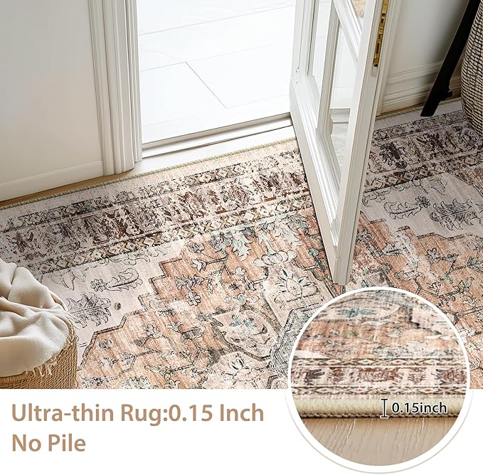 BESTSWEETIE 8x10 Area Rug Washable Rugs for Living Room, No Pile Boho Carpet for Entryway Bedroom Dinning Room, Vintage Carpet Print Distressed Non-Slip, 8 x 10 ft, Orange Pink Brown Earth Tones