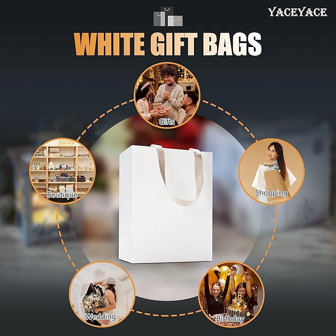 White Paper Gift Bags, 20Pcs 8"x4.25"x10.5" White Kraft Gift Bag with Handles, Medium Gift Bags with Handles Bulk, Paper Shopping Bag Bulk