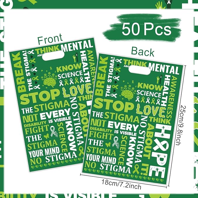 Falueqg Mental Health Awareness Party Favors - 50 Pcs Mental Health Month Goodie Candy Gift Bags Green Ribbon Party Supplies for Campaign Support Charity Events Accessories