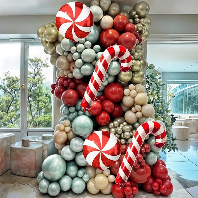 Christmas Balloon Garland Arch Kit, 111PCS Red Green Gold White Balloons with Lollipop Candy Cane Mylar Foil Balloon Arch for Xmas Party Holiday Wedding Birthday New Year Decorations