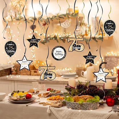 Happy 75th Birthday Black & Gold Glitter Swirls Streamers Party Decorations - 15 Pcs 75th Birthday Hanging Swirls Streamers Kit,Perfect for 75th Bday Party Sign.