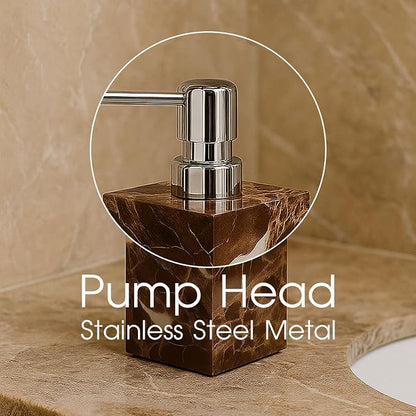 2 Pack Real Natural Marble Soap Dispenser with Stainless Steel Pump Decorative Liquid Hand Soap Bottle for Kitchen Bathroom, Compatible with Lotion, Dish Soap Shower Gel (Brown 2 Set)