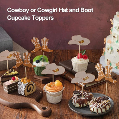 Blulu 60 Pieces Cowboy or Cowgirl Hat and Boot Cupcake Toppers Western Birthday Cake Decorations Rodeo Cupcake Picks Baby Shower Toothpicks for Western Theme Party Favors Supplies (Light Brown)