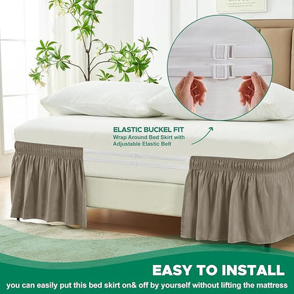 Biscaynebay Wrap Around Bed Skirts for Full & Full XL Beds Short Drop of 12", Taupe Adjustable Elastic Dust Ruffles Easy Fit Wrinkle Resistant Silky Luxurious Fabric Machine Washable