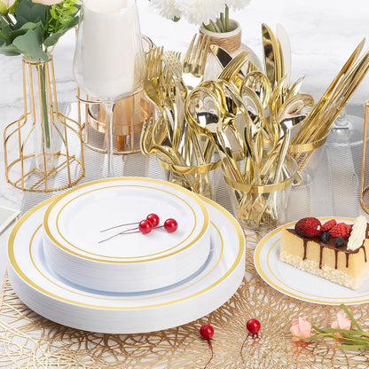 BESTVIP 600PCS Gold Plastic Plate Set (100 Guests), Plastic Plates for Party Wedding Birthday, Disposable Dinnerware Set of 200 Plates, 200 Forks, 100 Spoons, 100 Knives for Christmas, Thanksgiving