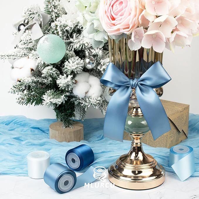 Blue Ribbon 1-1/2 Inch Assorted Royal/Navy/Light/Mist/Antique/Dusty Blue Double Faced Satin Ribbon Set for Gift Wrapping, Flower Bouquet, Wedding Invitation, Baby Shower Decor, Hair Bows & Crafts