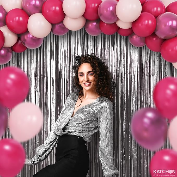 KatchOn, Big Silver Fringe Backdrop Set - 3.2x6.5 Feet, Pack of 52 | Silver Streamer Backdrop and Pink Latex Balloons | Fringe Curtain for Engagement, Disco, Wedding, Anniversary, Birthday Decoration