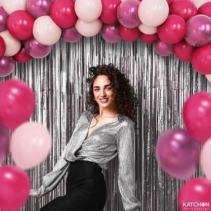 KatchOn, Big Silver Fringe Backdrop Set - 3.2x6.5 Feet, Pack of 52 | Silver Streamer Backdrop and Pink Latex Balloons | Fringe Curtain for Engagement, Disco, Wedding, Anniversary, Birthday Decoration
