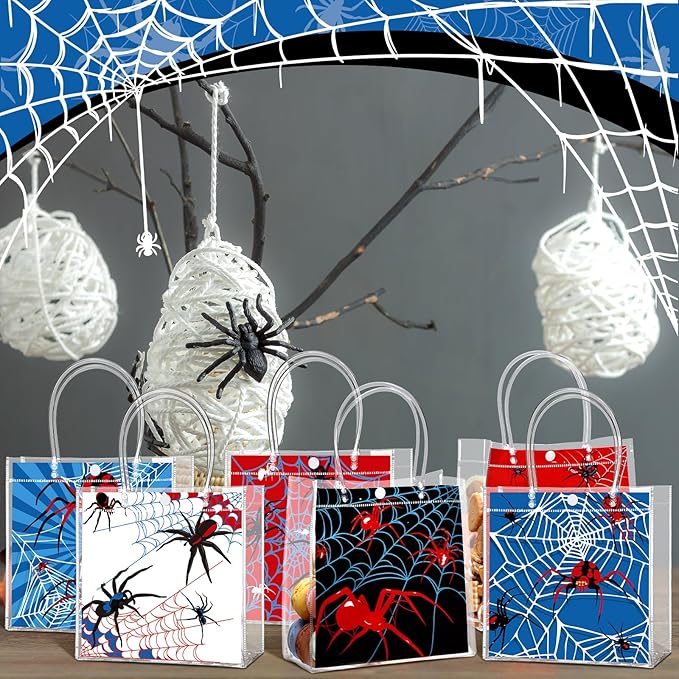 Teenyyou 24 Pcs Spider Clear Gift Bags with Handles Spider Party Favor Candy Treat Tote Candy Snack Treat Bags for Birthday Baby Shower Party Supplies