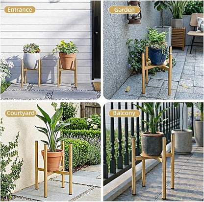 Adjustable Metal Plant Stand Indoor, Fits 8-14 Inch Pots, Mid Century Modern Gold Planter Holder,2 Heights, Heavy Duty 160 lb, Indoor Outdoor Corner Floor Pot Stand, Golden with Round Plate 2 Pack