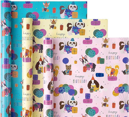 WRAPAHOLIC Dog Wrapping Paper Roll - 3 Short Roll - Birthday Puppy Dog Wrapping Paper for Kids Boys Girls Birthday, Pets Lover - 17 Inch x 120 Inch Per roll