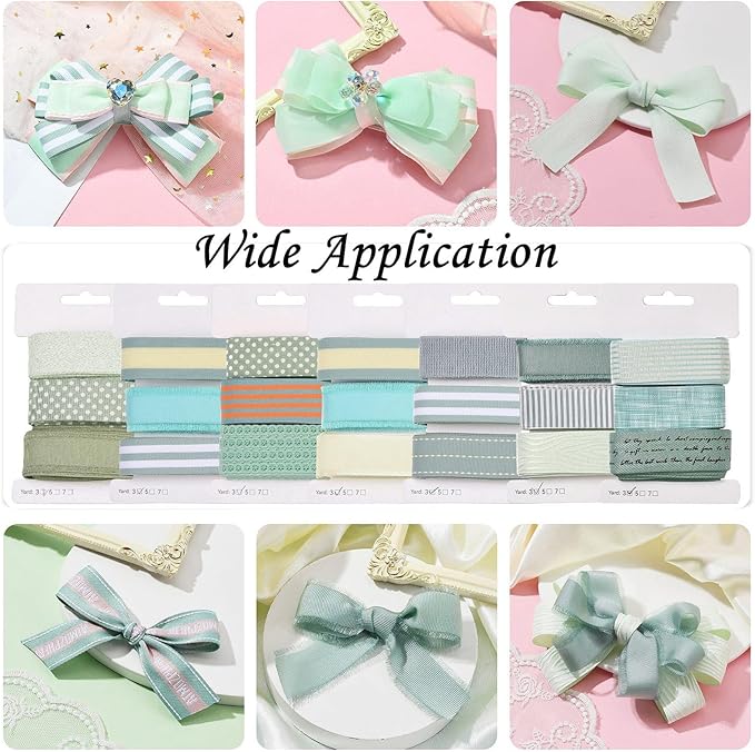 BEEFLYING 3 Styles Green Wire Edged Ribbons for Gift Wrapping Decoration 25~28mm×2.7m Stripe Ribbons Satin Ribbons for Wedding Party Decoration Hair Bows Flower Designs Sewing and Craft, 9 Yards