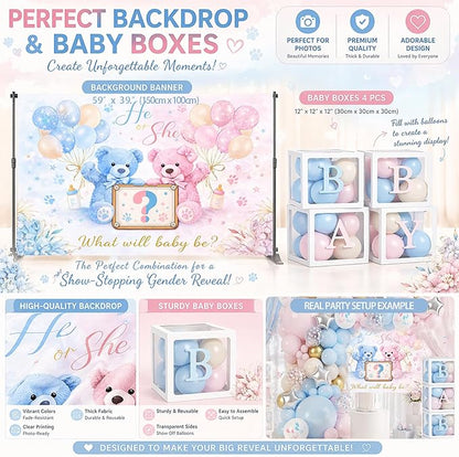 Baby Gender Reveal Decorations Kit, Bear Theme Balloon Garland with Backdrop, 136 PCS He or She Gender Reveal Party Supplies With 4Pcs Baby Boxes for Pink and Blue Baby Shower