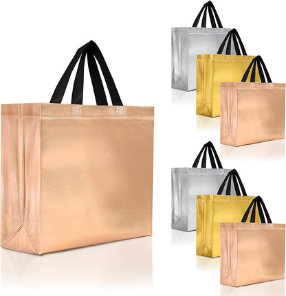 Nush Nush Large Mix Color Gift Bags Bulk - Set of 30 Reusable Gift Bags with Handles (10 of Each Rose Gold, Silver, and Gold) - Large Goodie Bag for Birthday, Bachelorette, Christmas, Events - 13X5X11