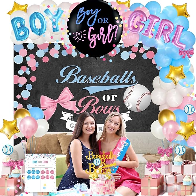 Hombae Baseball or Bows Gender Reveal Decorations, 171 PCs Boy or Girl Gender Reveal Decorations Backdrop Balloon Garland Banner Tablecloth Cake Cupcake Topper Box Cutout Poster Sash Pink Blue