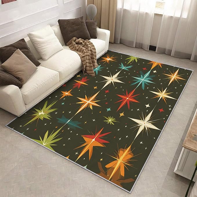 Atomic Rugs for Bedroom 5x7 ft, Abstract Starburst Area Rugs for Living Room, Washable Non Slip Low Pile Mid Century Modern Carpet, Home Decor PF-P 107