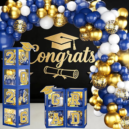 Graduation Decorations Class of 2026,Blue and Gold Graduation Decorations Class of 2026,Blue Balloon Arch Grad Boxes with Letters 2026 So Proud of You Grad 2026 for College Graduation Party Supplies