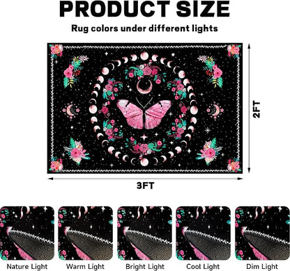 Pink Butterfly Area Rug 2'x3' Moon Phase Floral Rugs for Entryway Bedroom Living Room Kitchen Home Decor Boho Gothic Butterfly Carpet Non-Slip Washable Floor Mat