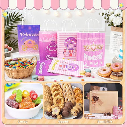 16Pcs Princess Goodie Bags, Pink Princess Party Favor Bags with Handles, 4 Styles Paper Thick Bottom Reusable Castle Treat Candy Gift Bags for Party Decorations Birthday Supplies Baby Shower Wedding(16)