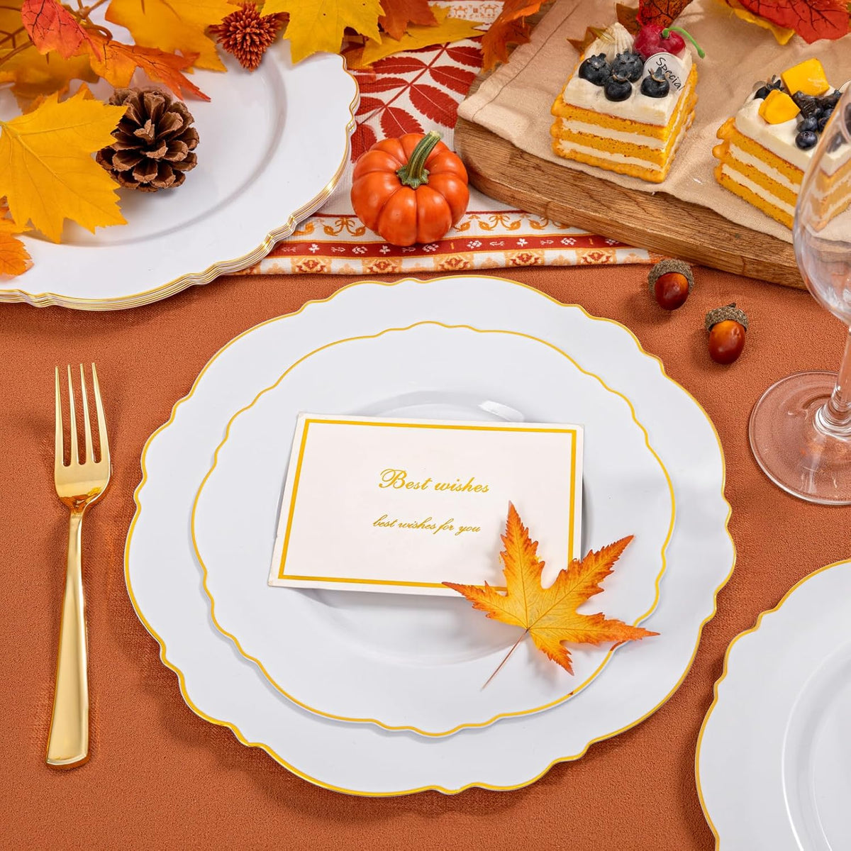 WDF 100pcs Gold Plastic Plates - High-end Baroque Design - Heavy Duty White &Gold Wedding Plates Set Ideal for Thanksgiving Weddings/Party/Bridal Shower