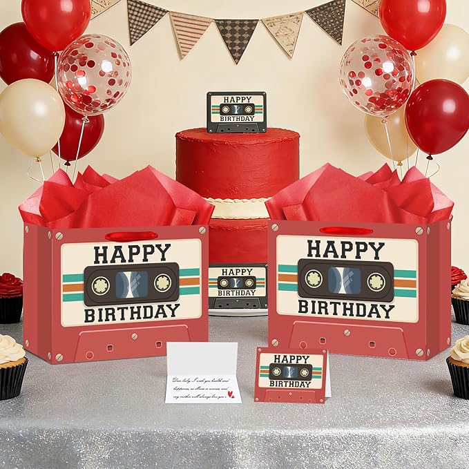 Tape Cassette Birthday Gift Bag Red Retro Tape Birthday Party Favor Bags with Tissue Paper and Greeting Card Vintage Mixtape Gift Wrapping Paper Bag for Men Women 50s 60s 70s 80s 90s Music Bday Gifts