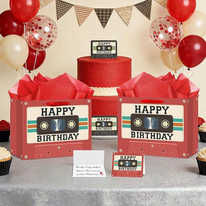 Tape Cassette Birthday Gift Bag Red Retro Tape Birthday Party Favor Bags with Tissue Paper and Greeting Card Vintage Mixtape Gift Wrapping Paper Bag for Men Women 50s 60s 70s 80s 90s Music Bday Gifts