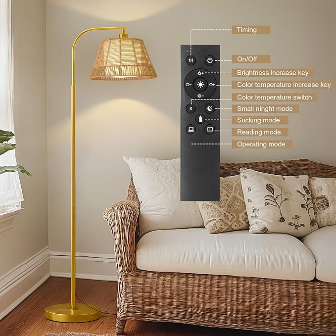 Oneach Arc Floor Lamp for Living Room with 3 Color Temperatures, Farmhouse Floor Lamps with Remote & Dimmable Bulb, Rattan Boho Floor Lamp with Hand-Woven Wicker & Fabric Shade